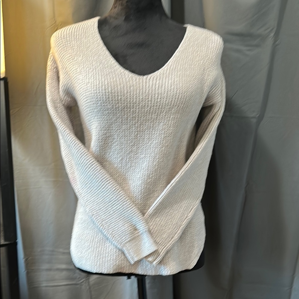 Cream V-Neck Sweater with Textured Knit